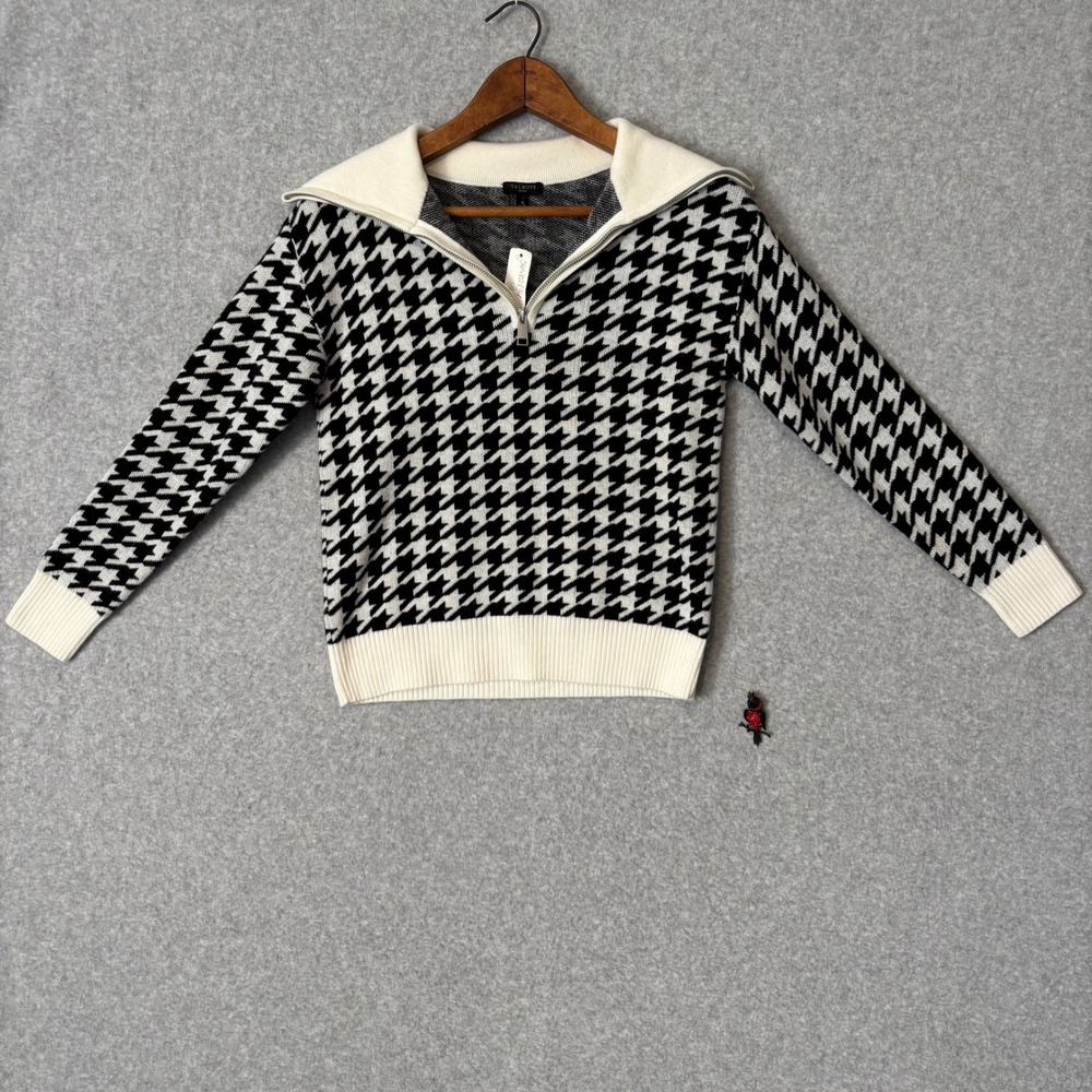 Talbots Women's Petite Quarter Zip Sweater Houndstooth Black White Knit Pullover